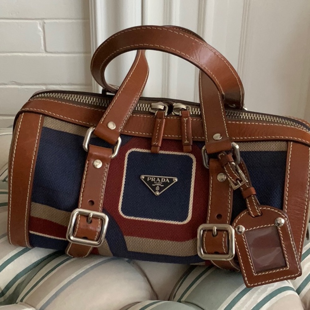 Vintage Prada bag limited edition. Plaid canvas with leather trim.